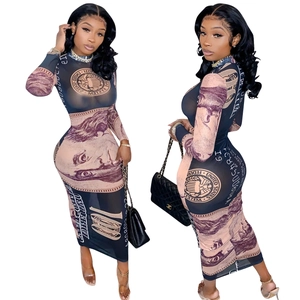 Detailed view of the mesh long sleeve bodycon dress featuring vintage US dollar prints