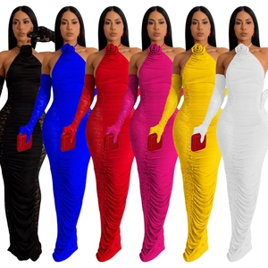 Halter neck slim fit dress with rose choker, lace panels and matching long gloves