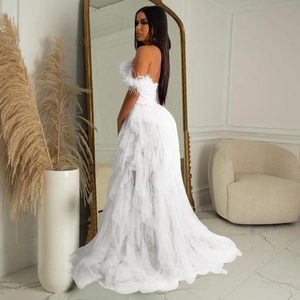 Detailed view of the white feather neckline and layered mesh tulle on the maxi dress