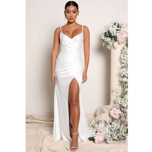 Detailed view of the white satin V-neck slit evening gown with glossy wrap silhouette