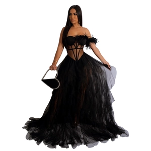 Detail of strapless black evening gown featuring corset bodice with feathers and tulle skirt