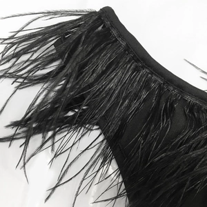 Close-up of black feather fringe trim showing high density plumes and fabric base