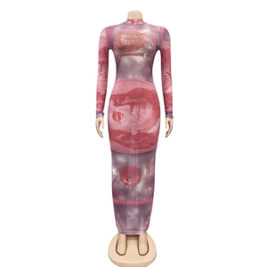 Detail of artistic dollar bill print on long sleeve slim fit mesh dress for women