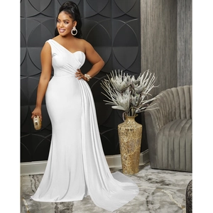 Detail of white one shoulder formal dress with elegant draping and slim fit mermaid hem