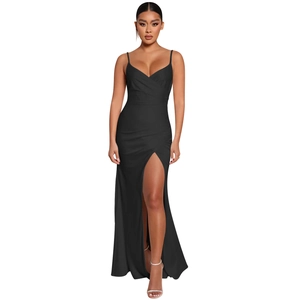 Detail of elegant black V-neck evening dress featuring high slit and slim fit silhouette