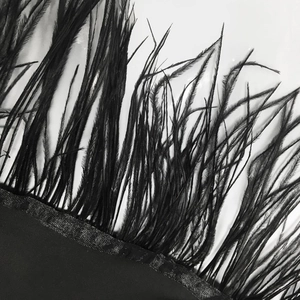 Close-up of fluffy black feather trim on a dress with premium satin ribbon detail