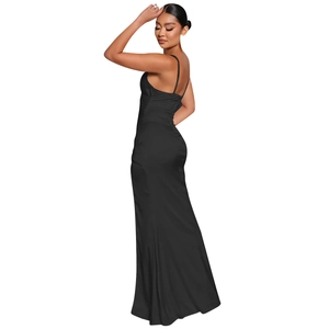 Detailed close-up of a black satin evening gown with delicate thin straps and v-neckline