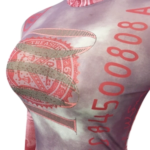 Detailed close-up of the mesh fabric texture and vintage treasure print on the long sleeve top