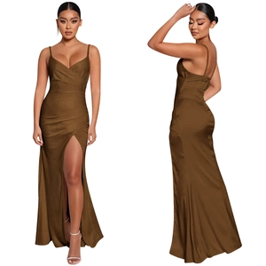 Detail view of brown satin evening dress featuring a high slit and sleek fishtail hem