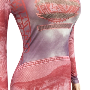Close-up of sheer mesh bodycon dress with vibrant red and purple graphic bill print