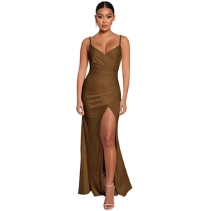 Detail of elegant brown satin dress featuring high side slit and delicate spaghetti straps