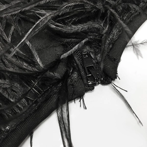 Detail shot of the invisible zipper and black feather trim on the elegant dress fabric