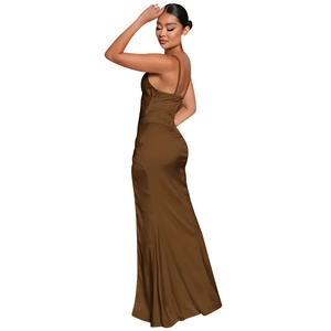 Detail of elegant dark brown satin evening dress with thin straps and open back design