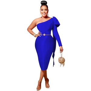 Detail of royal blue one-shoulder dress with oversized bow and thin gold belt