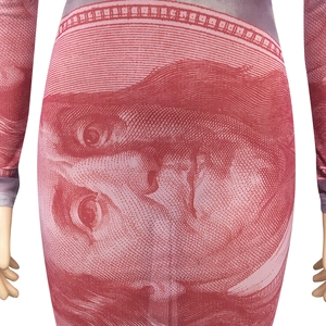 Close-up of vintage red dollar bill print on mesh long sleeve bodycon dress material