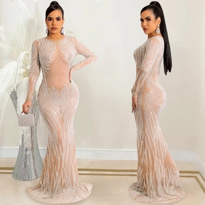 Dettaglio del vestito in rete velata con strass argento e taglio elegante a coda di sirena