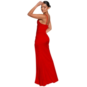 Detail of elegant red satin evening gown with open back and slim fit silhouette