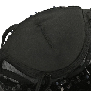 Detailed view of the built-in padded bra cups with black sequins and sheer mesh fabric