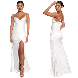 Detail of elegant white satin evening dress featuring a V-neck and high side slit design