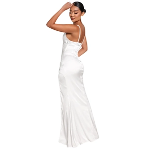 Detail of white satin dress featuring thin straps and backless slim fit design