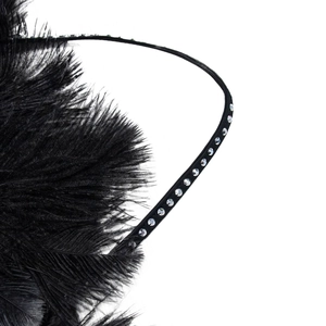 Macro detail of elegant black feather trim with shimmering rhinestone embellished ribbon