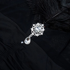 Detail of elegant black feathers and silver crystal rhinestones on a strapless mini dress