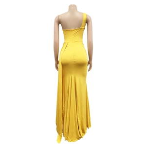 Back view of elegant bright yellow one-shoulder evening gown with a mermaid silhouette