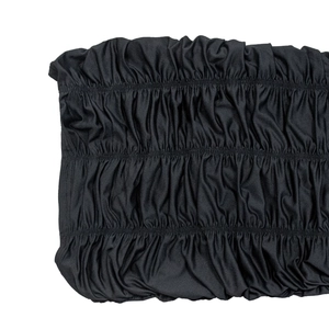 Close-up of black elasticated ruched fabric detailing on a strapless mini dress