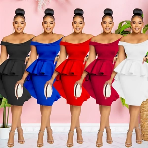 Women Elegant Off Shoulder Peplum Bodycon Midi Dress Solid Color Sleeveless Ruffle Waist Pencil Dress Evening Party Gown