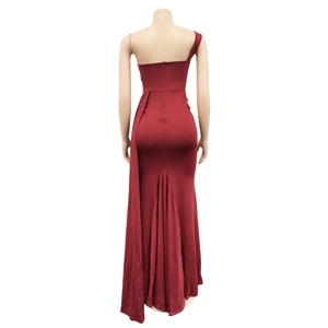 Detailed back view of a red one-shoulder bodycon mermaid evening gown with a hidden zipper
