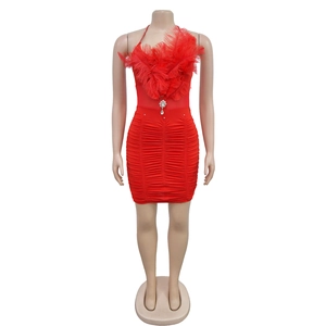 Detailed view of red bodycon dress with ostrich feathers and crystal pendant decoration