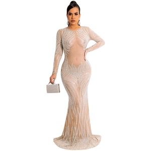 Dettaglio dell'abito in mesh beige con strass scintillanti e un fondo a coda di pesce