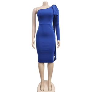 Detail of royal blue one-shoulder dress with elegant bow and long trailing ribbon