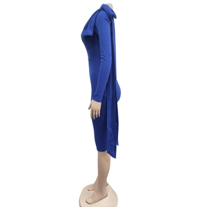 Detail view of royal blue one-shoulder dress with bow ribbon and slim fit cut