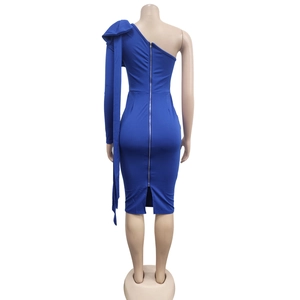 Back view of bodycon blue one-shoulder dress with long bow ribbon and hidden zipper