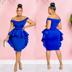 Detail of royal blue off-shoulder peplum dress with layered ruffles and slim fit design