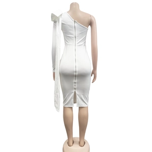 Rear view of white one-shoulder bodycon dress with long zipper and elegant cape ribbon