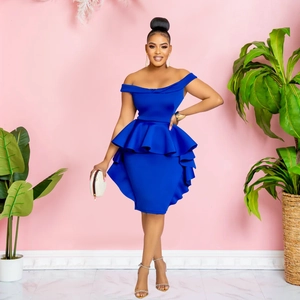 Royal blue off-shoulder dress with layered peplum waist and sleek pencil skirt fit