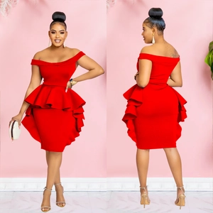 Front and back view of elegant red off-shoulder slim-fit dress with double-layered peplum