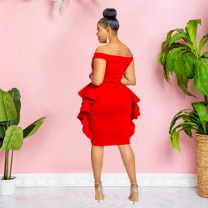 Detail of red off-shoulder slim dress with layered ruffles and knee-length hemline