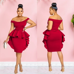 Detail of deep red off-shoulder slim fit dress featuring tiered peplum ruffle layers