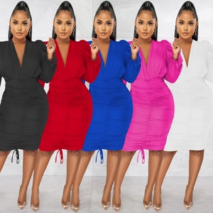 Robe Mini Bodycon Élégante pour Femmes Col en V Manches Bouffantes Couleur Unie Sexy Fête Clubwear Slim Fit Polyester