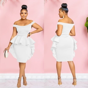 Detail of white off-the-shoulder dress featuring peplum waist and double-layered ruffles