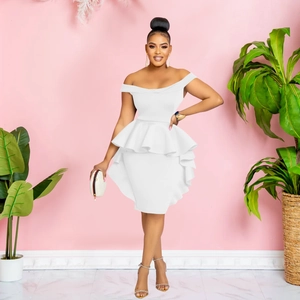 Detail of white off-shoulder peplum dress with tiered ruffles for party wear