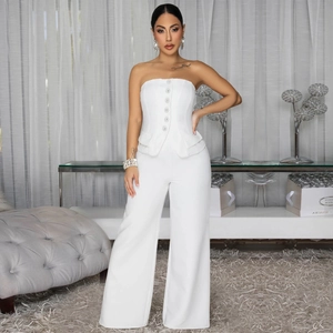 Elegant white strapless jumpsuit with corset bodice and wide leg pants for women