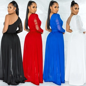 One shoulder long sleeve ruched mesh evening dress available in four vibrant colors