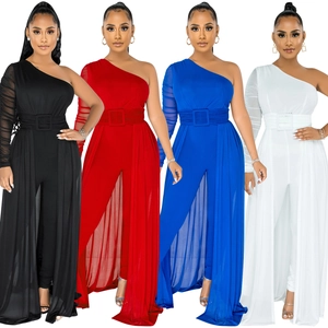 Slim fit one-shoulder jumpsuit with sheer mesh skirt overlay and waist belt in four colors
