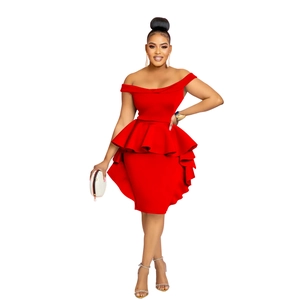 Detail view of red off-shoulder bodycon dress featuring elegant peplum waist design