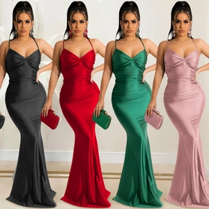 Women Sexy Satin Spaghetti Strap Ruched Bodycon Maxi Dress Backless Criss Cross Mermaid Evening Party Gown