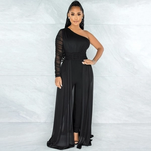 Elegant black one-shoulder mesh jumpsuit with ruffled long sleeves and a matching belt